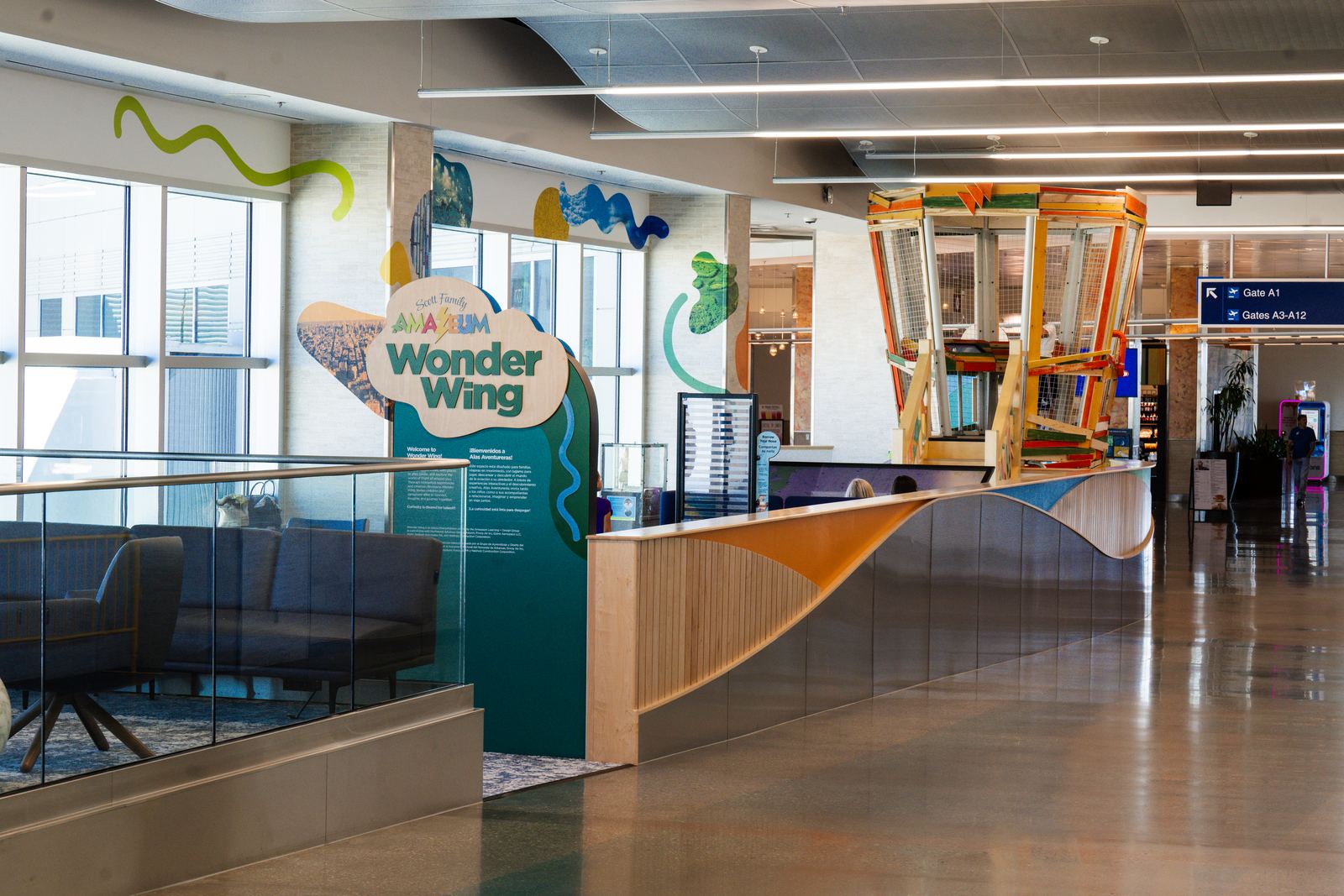 Wonder Wing signage and entry on the airport concourse